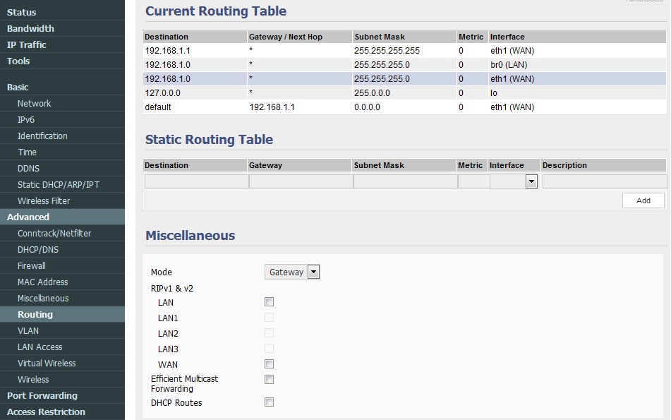 tomato routing table